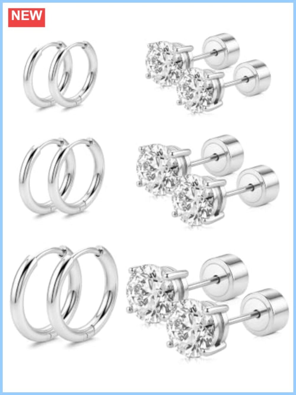Hypoallergenic Surgical Steel CZ Studs & Hoops Earring Set Flat Back